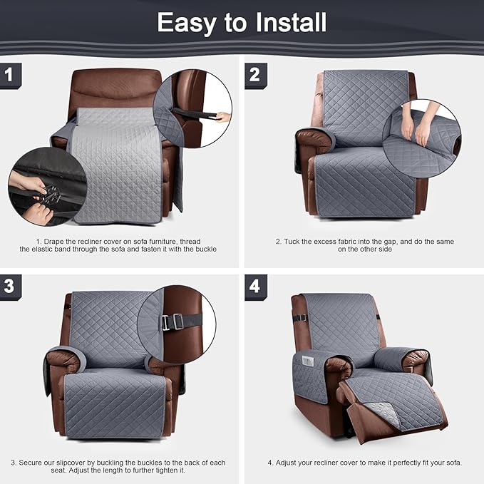 KinCam 100% Waterproof Recliner Chair Cover, Reclining Couch Covers for Pets, Dogs, Recliner Couch Slipcover Furniture Protector with Elastic Straps for Kids(28", Dark Gray)