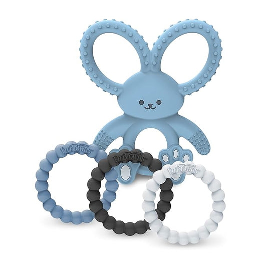 Dr. Brown’s Flexees Beaded Teether Rings and Bunny Teether, 100% Silicone 4-Pack, Blue, 3m+
