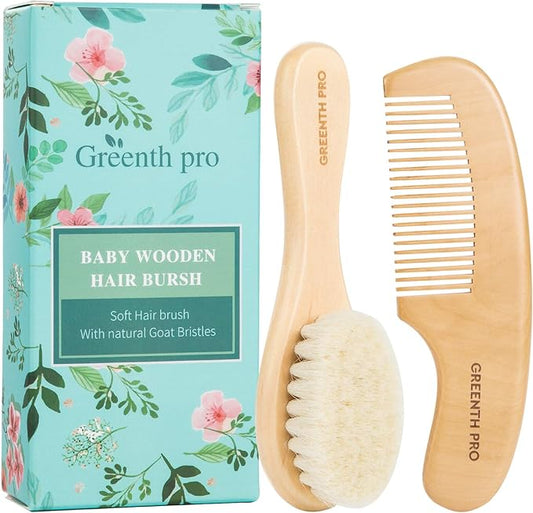 Baby Hair Bush and Comb Set -Nature Lotus Wood with Soft Goat Bristle and Pear Wood Comb for Newborns & Toddlers, Ideal for Cradle Cap