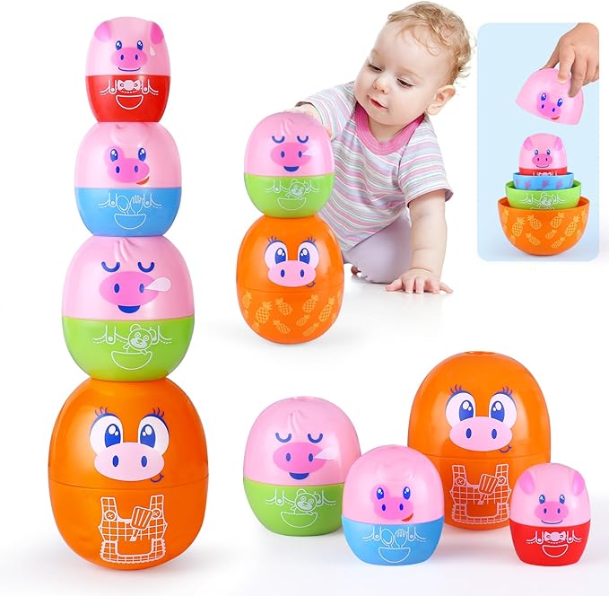 Piggy Toddler Stacking Nesting Toys for Toddlers 1-3, 8PCS Pig Eggs Matching Game STEM Preschool Learning Sensory Nesting Dolls Animals Baby Bath Toys Gift for 6 Months+