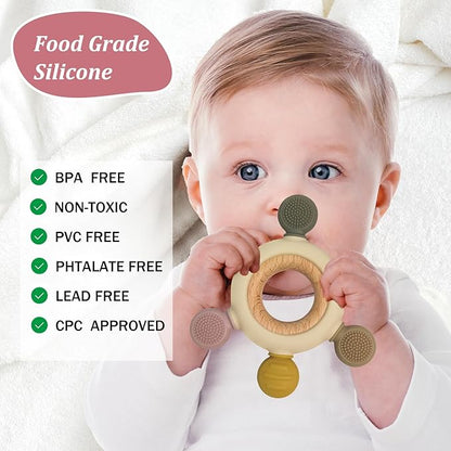 Baby Teething Toys with Wooden Ring, Teethers for Babies 3-6 Months