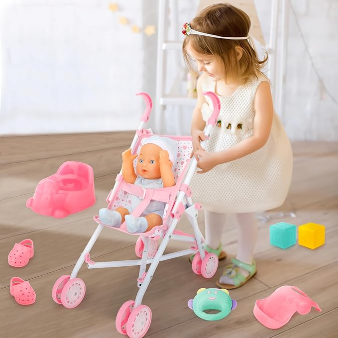 deAO Baby Doll Stroller Set with 13 inch Doll,Kids Play Stroller Toys 13" Baby Stroller,18 PCS 2 Sets