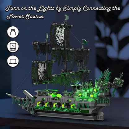 JMBricklayer Pirate Ship Building Toys with Lights, Ghost Ship Flying Dutchman Model Ship Boat 40001, Toy Building Sets for Adults, Halloween Decor Christmas Birthday Gifts for Boys Girls 14+