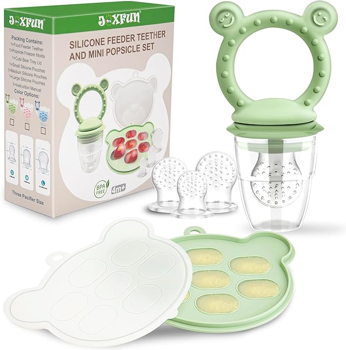 JEXFUN Silicone Baby Fruit Food Feeder Pacifier & Breastmilk Popsicle Freezer Molds for Cooling Relief, Silicone Feeder to Safely Introduce New Foods 4 Month+