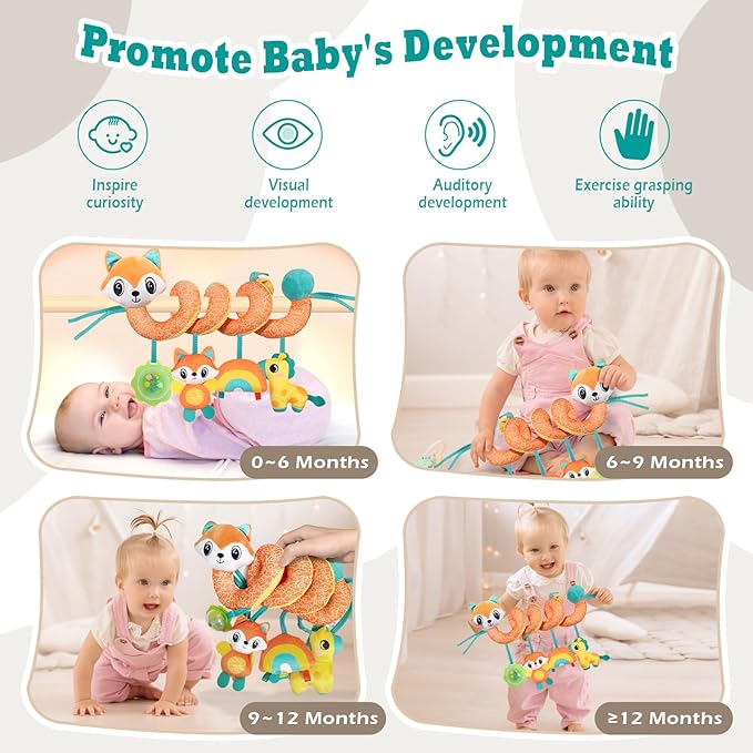 Spiral Car Seat Toys Stroller Toy for Babies - Baby Crib Hanging Rattles Toys for Babies 0-12 Months, Carseat Pram Crib with Musical Rattle Toy for Newborn Boys Girls Gifts （Fox）