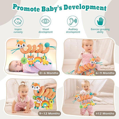 Spiral Car Seat Toys Stroller Toy for Babies - Baby Crib Hanging Rattles Toys for Babies 0-12 Months, Carseat Pram Crib with Musical Rattle Toy for Newborn Boys Girls Gifts （Fox）