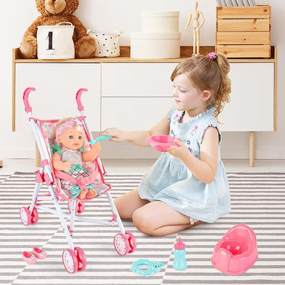deAO Baby Doll Stroller Crib Bed Nursery Role Play Set Baby Doll Accessories and Play Mat,Travel Cot