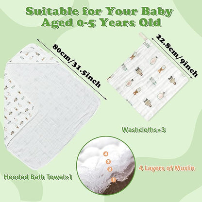 Zainpe 4Pcs Muslin Baby Hooded Towel & Washcloth Set Penguin 31.5 x 31.5 in