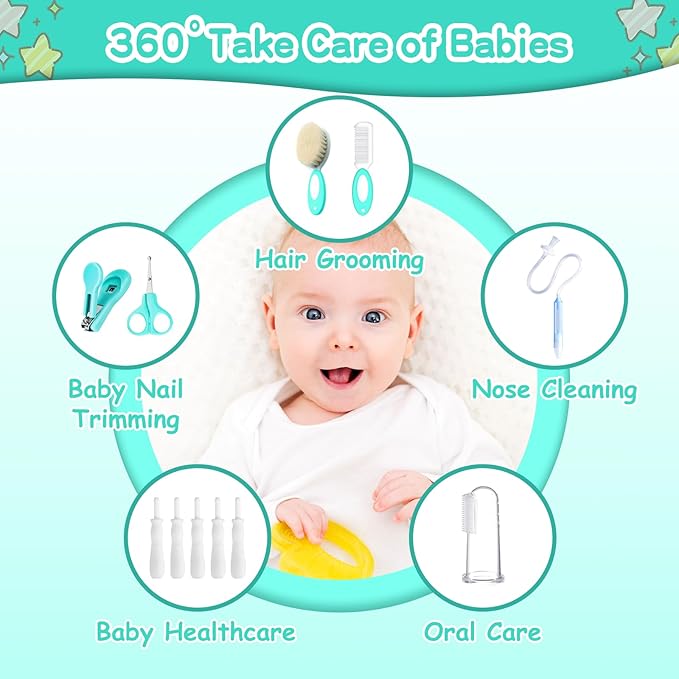 Baby Healthcare and Grooming Kit, 21 in 1 Portable Baby Essentials Kit with Gas Relief Hair Brush Comb Nasal Aspirator for Newborn Boys Girls (21 Kits-Green)