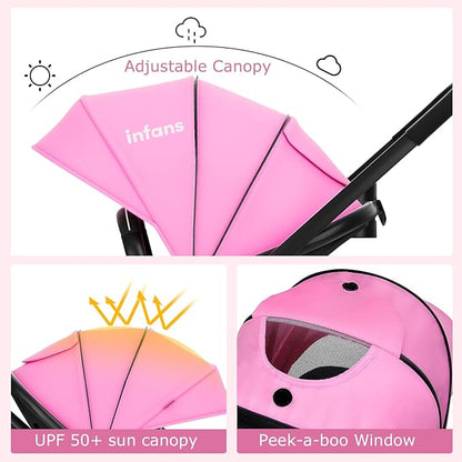 INFANS 2 in 1 Baby Stroller, High Landscape Infant Stroller & Reversible Bassinet Pram, Foldable Pushchair with Adjustable Canopy, Storage Basket, Cup Holder, Suspension Wheels (Pink)