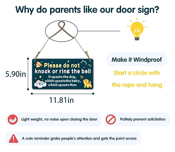 Fun-plus Baby Sleeping Sign for Front Door, Do Not Knock or Ring the Bell - 10?│x5??PVC Plastic Hanging Sign