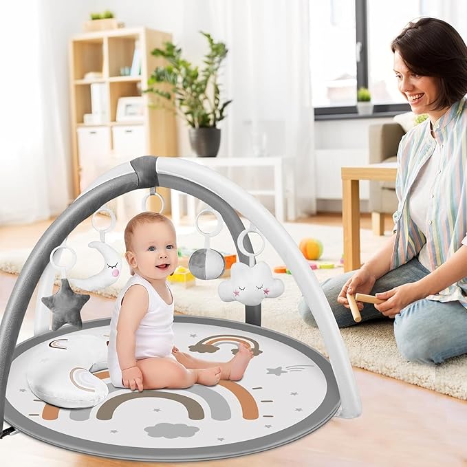 dearlomum Baby Play Gym Mat, Tummy Time Mat with 6 Detachable Toys for Stage-Based Sensory & Motor Skill All Development