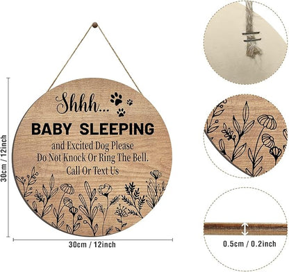 Pigort Funny Baby Sleeping Hanging Sign Plaque, Do Not Knock Or Ring The Bell (12x12inch) (Round-Brown)