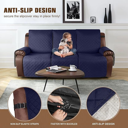 KinCam Waterproof Recliner Sofa Cover, Non-Slip Reclining Couch Covers for 3 Seat, Recliner Couch Cover Furniture Protector with Elastic Straps for Pets, Kids, Dark Blue