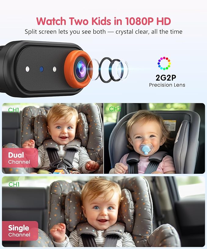 Baby Car Camera – Dual 1080P Rear-Facing Monitor for 2 Kids with 5.2" HD Display, Night Vision, Easy Install & Anti-Shake Mount for Car Seat View