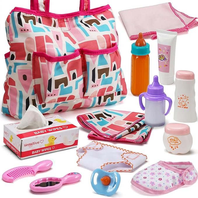 14 Pack Baby Doll Accessories, Baby Doll Feeding and Caring Set includes Diaper Bag