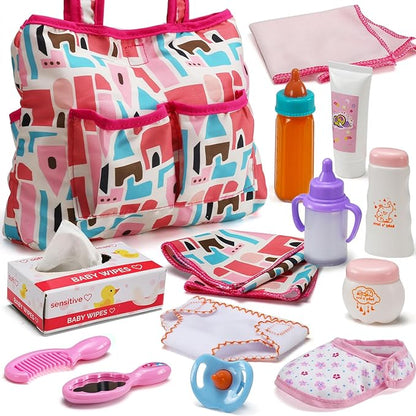 14 Pack Baby Doll Accessories, Baby Doll Feeding and Caring Set includes Diaper Bag