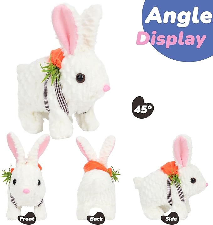 Hopearl Hopping Rabbit with LED Ears Carrot Backpack Interactive Plush Bunny Toy with Sounds Animated Walking Wiggle Light up Ears Twitch Nose Gift for Toddlers, White 7''