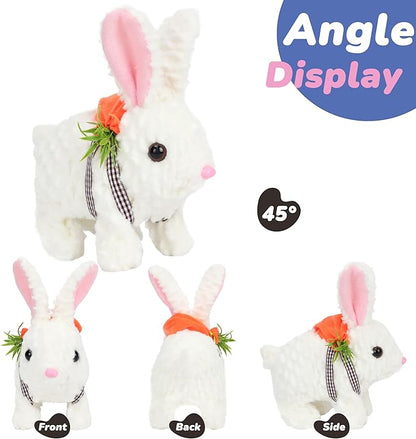 Hopearl Hopping Rabbit with LED Ears Carrot Backpack Interactive Plush Bunny Toy with Sounds Animated Walking Wiggle Light up Ears Twitch Nose Gift for Toddlers, White 7''