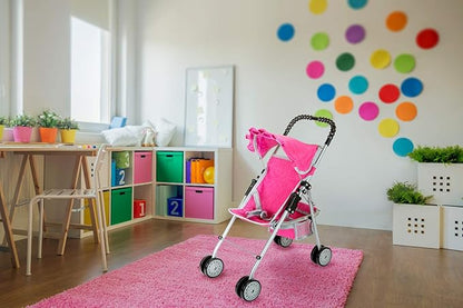 fash n kolor Doll Stroller with Basket, My First Denim Pink Foldable Baby Doll Umbrella Doll Stroller Fits Upto 18" Dolls 2 Free