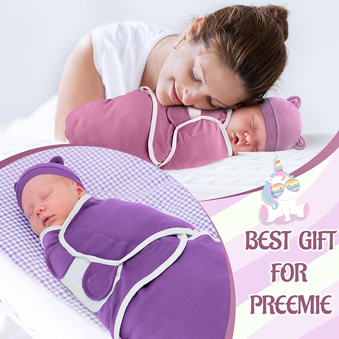 Buryeah 4 Pack Preemie Swaddle Blanket Wrap Set with Hat for Baby Boys Girls 3-7 Lbs Preemie Newborn Clothes Sleepers Cap