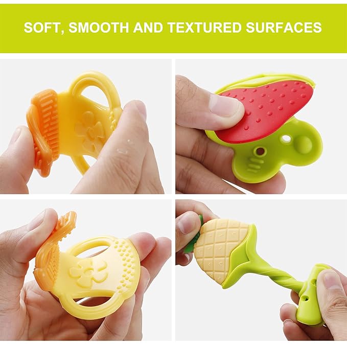NASHRIO Baby Teething Toys Pack of 6 - Silicone BPA Free Natural Organic Freezer Safe Teethers for Newborn Infant, Soft & Textured
