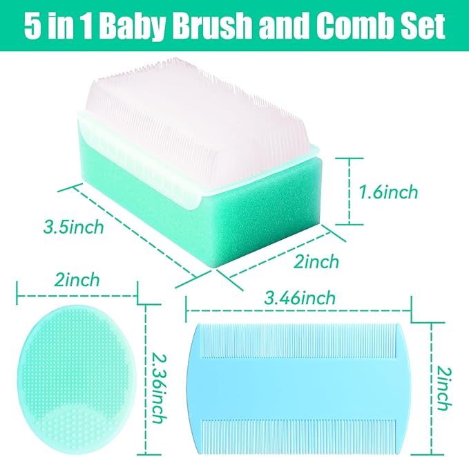 Cradle Cap Brush for Babies, 5Pcs Cradle Cap Treatment Set with Soft Bristle Brushes Silicone Scrubber Fine-Tooth Comb for Newborn Bathing Essentials Baby Brush and Comb Set (Green)