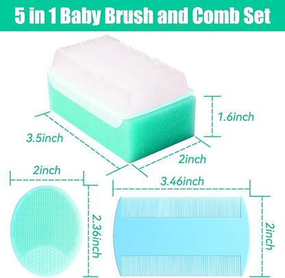 Cradle Cap Brush for Babies, 5Pcs Cradle Cap Treatment Set with Soft Bristle Brushes Silicone Scrubber Fine-Tooth Comb for Newborn Bathing Essentials Baby Brush and Comb Set (Green)