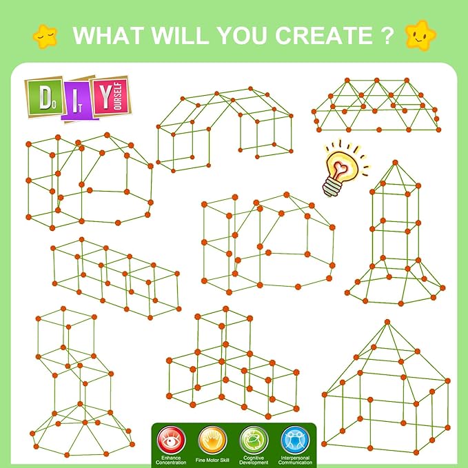 Fort Building Kit for Kids,STEM Construction Toys 3 4 5 6 7 8 9 10 11 12 Activity,140 Pcs,Orange