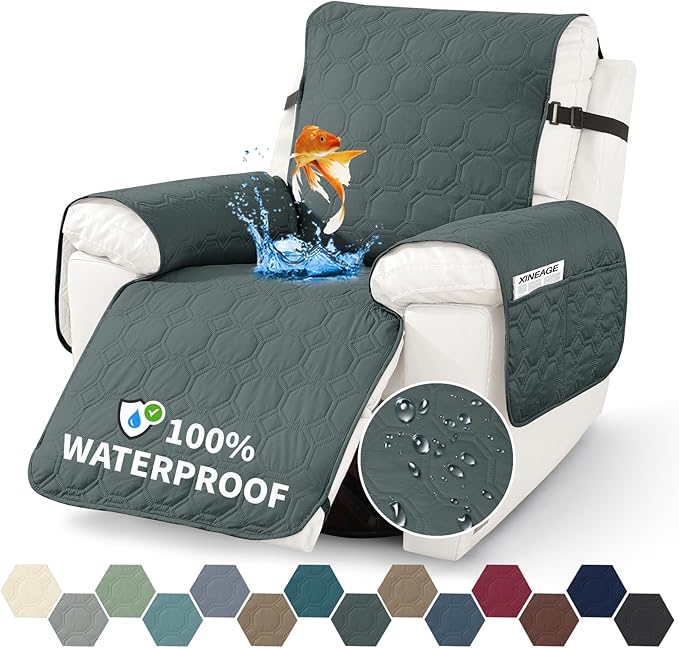 XINEAGE 100% Waterproof Recliner Chair Cover, Non Slip Covers for Recliner Chair with Pocket, Washable Dog Recliner Couch Cover with Elastic Straps (Dark Gray, 30")