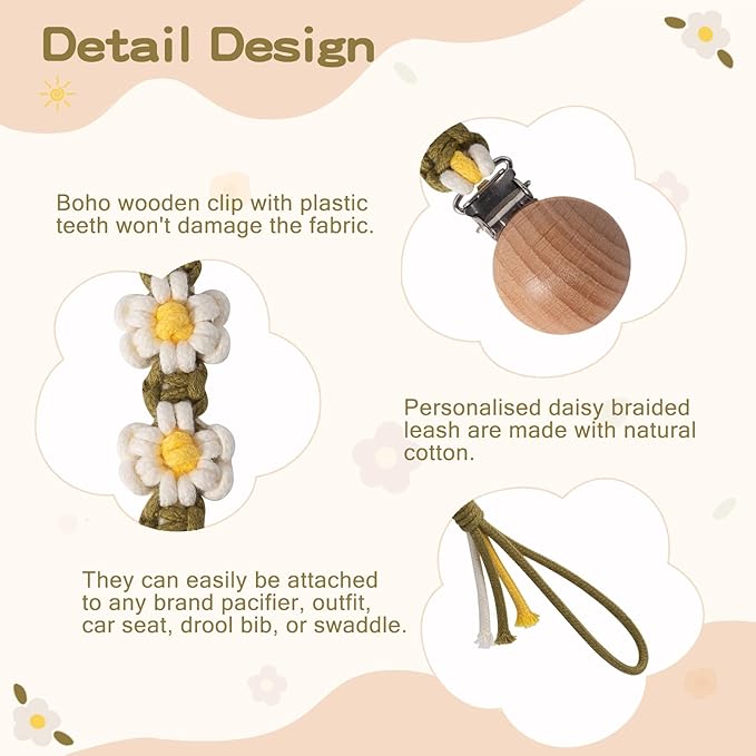 Pacifier Clip for Boys Girls Floral Daisy Macrame Paci Clip
