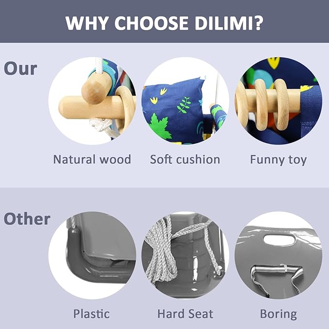 DILIMI Wooden Baby Swing Toddler Swing Indoor & Outdoor Infant Hanging Swing Chair with Canvas Cushion, Swing Sets for Backyard