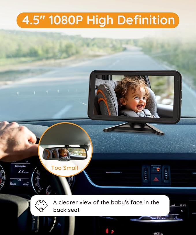 Baby Car Camera Plug-Play, 4.5" 1080P HD Crystal Clear View Baby Car Mirror Camera with 3X Zoom, IR-Cut Night Vision, Flexible 360 Rotation Adjustable Function