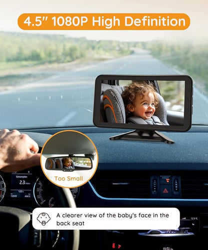 Baby Car Camera Plug-Play, 4.5" 1080P HD Crystal Clear View Baby Car Mirror Camera with 3X Zoom, IR-Cut Night Vision, Flexible 360 Rotation Adjustable Function