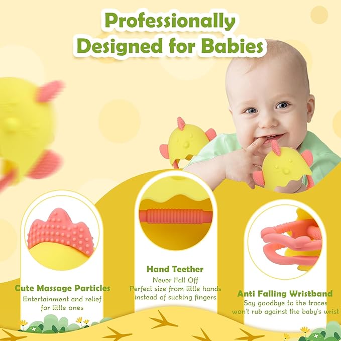 Anboor Baby Teething Toys, Silicone Teethers for Babies 4+Months Anti Dropping Hand Teether