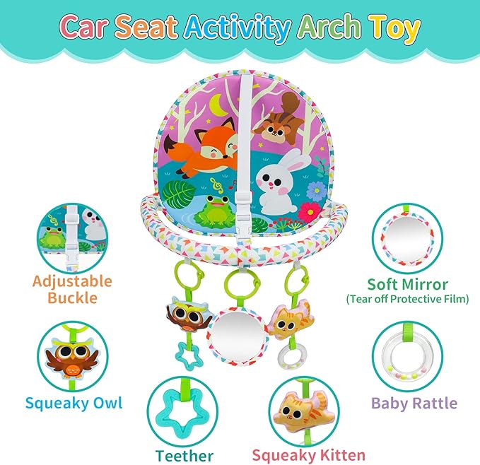 OKOOKO Car Seat Toy Rear Facing Car Seat Toy Baby Travel Toy Double-Sided with Baby Mirror Plush Toys Rattle Teether Thickened Pad Adjustable Sensory Toy for Newborn Baby Infant