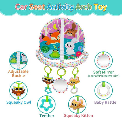 OKOOKO Car Seat Toy Rear Facing Car Seat Toy Baby Travel Toy Double-Sided with Baby Mirror Plush Toys Rattle Teether Thickened Pad Adjustable Sensory Toy for Newborn Baby Infant