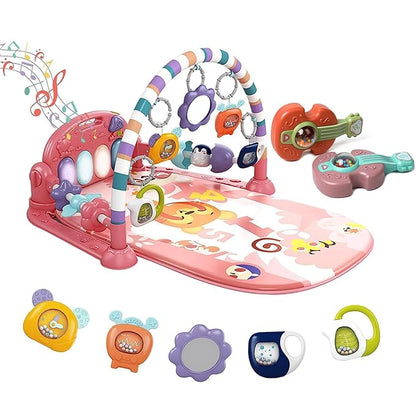 dearlomum Baby Play Mat Baby Gym,Funny Play Piano Tummy Time Baby Activity Mat with 5 Infant Sensory Baby Toys & 2 Guitar Rattles 0 to 3 6 9 12