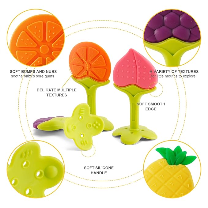 NASHRIO Baby Teething Toys Pack of 5 - Silicone BPA Free Natural Organic Freezer Safe Teethers for Newborn Infant, Soft & Textured