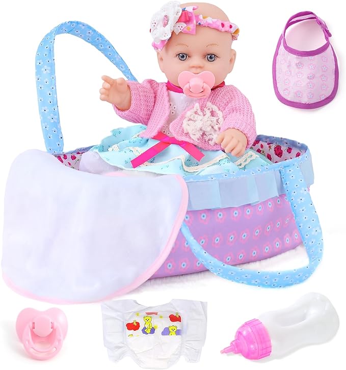 Realistic Baby Dolls 12 Inch Girl Baby Doll with Accessories and Clothes Includes Blanket,Carrier Bassinet Bed 3 Ages