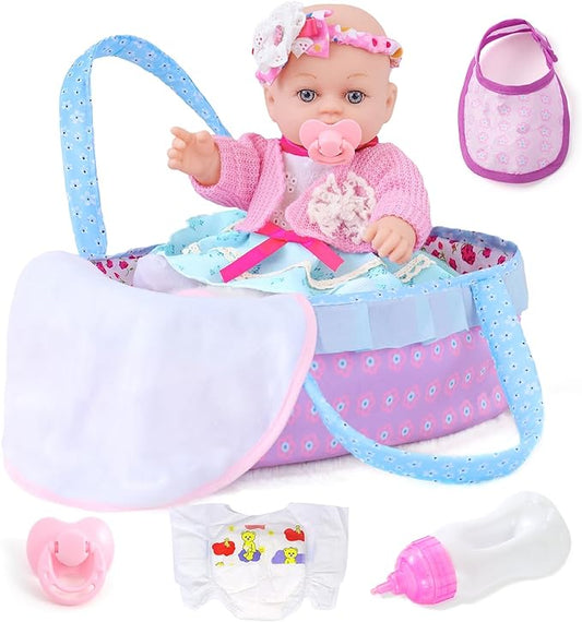 Realistic Baby Dolls 12 Inch Girl Baby Doll with Accessories and Clothes Includes Blanket,Carrier Bassinet Bed 3 Ages