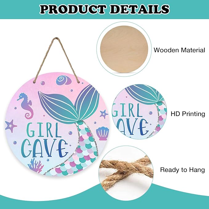 Girl Gave Ocean Mermaid Front Door Sign, Pink Coastal Wood Door Hanger Outdoor Outside Porch Nursery Decor