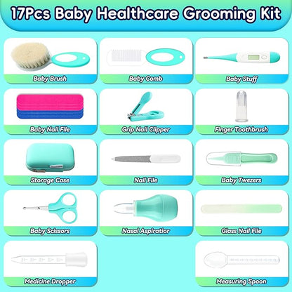 Baby Healthcare and Grooming Kit, Baby Safety Set Newborn Nursery Health Care Set with Hair Brush Scale Measuring Spoon Nail Clippers (17pcs, Green)