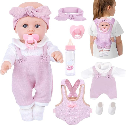 12 Inch Baby Doll Playset with Clothes and Dolls Carrier Accessories Included Baby Carrier, Bottles