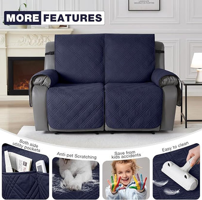 TAOCOCO 100% Waterproof Oversized Loveseat Recliner Cover, Non Slip Split Loveseat Covers for Reclining Loveseat with Elastic Straps for Kids Pets(Oversized 2 Seater, Navy Blue)