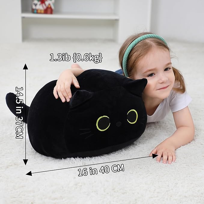 Black Cat Plush Toy 16'' Black Cat Pillow, Soft Plush Doll Black Cat Stuffed Animal 3D Black