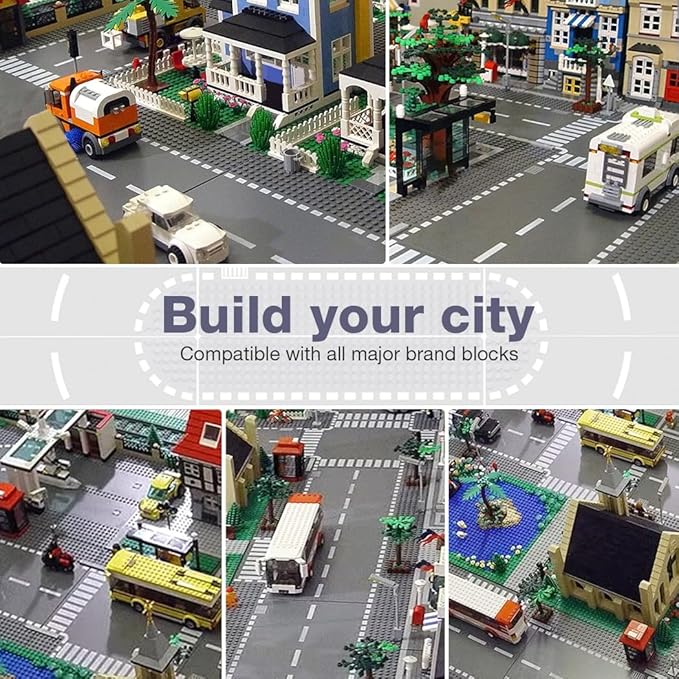 6 Pack Road Base Plates, 10"x10" City Street Baseplates 100% Compatible with All Major Brands 4 Curved/1 Straight/1 T-Junction