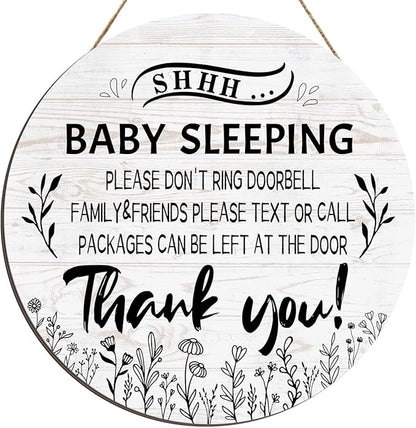Pigort Funny Baby Sleeping Hanging Sign Plaque, Do Not Knock Or Ring The Bell (12x12inch)(Round-White)