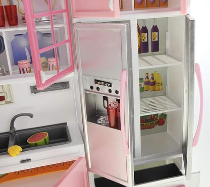 PowerTRC Doll Kitchen Play Set, Mini Modern Toy Pink Kitchen Pretend Play Furnitures Toy Set Accessories Set with Realistic Light & Sound for Kids Toddlers Girls (3-in-1)