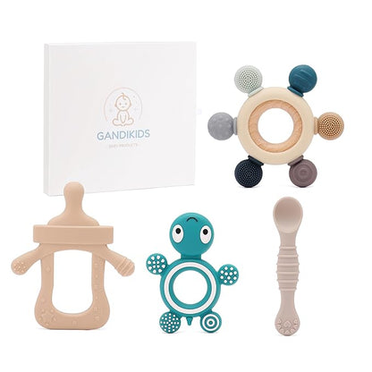 Baby Silicone Teething Ring Teether Gift Set for Boys and 3 Months 4 Toys